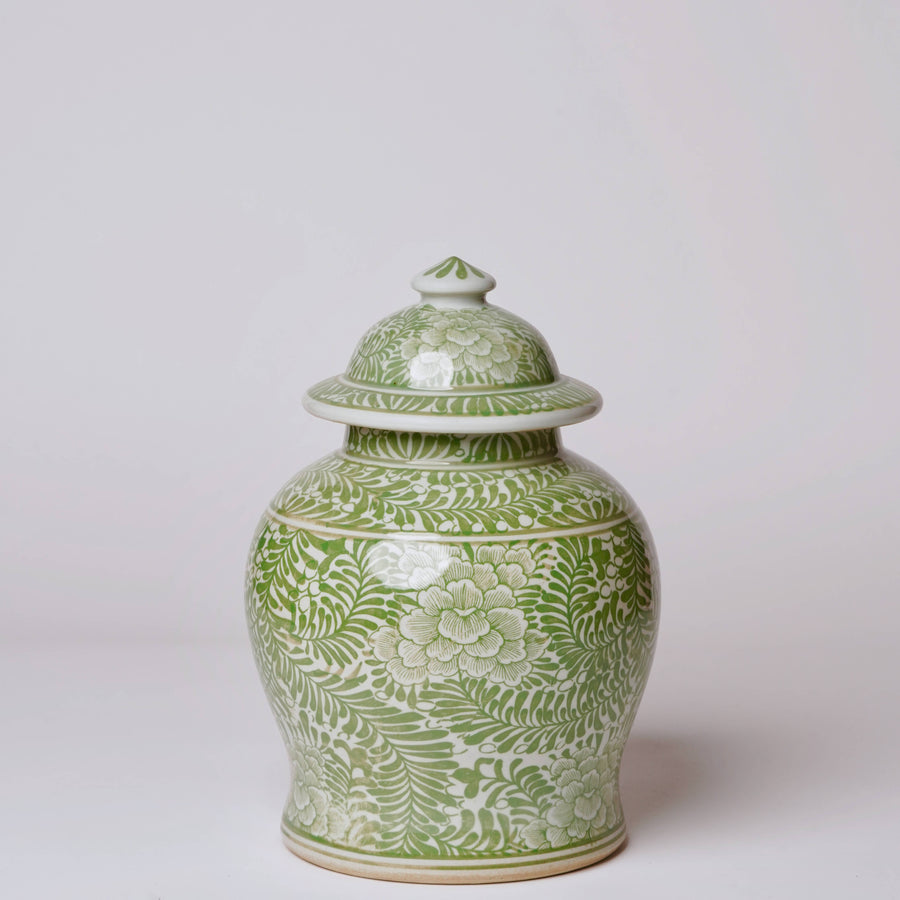 Medium Green and White Porcelain Country Peony Temple Jar
