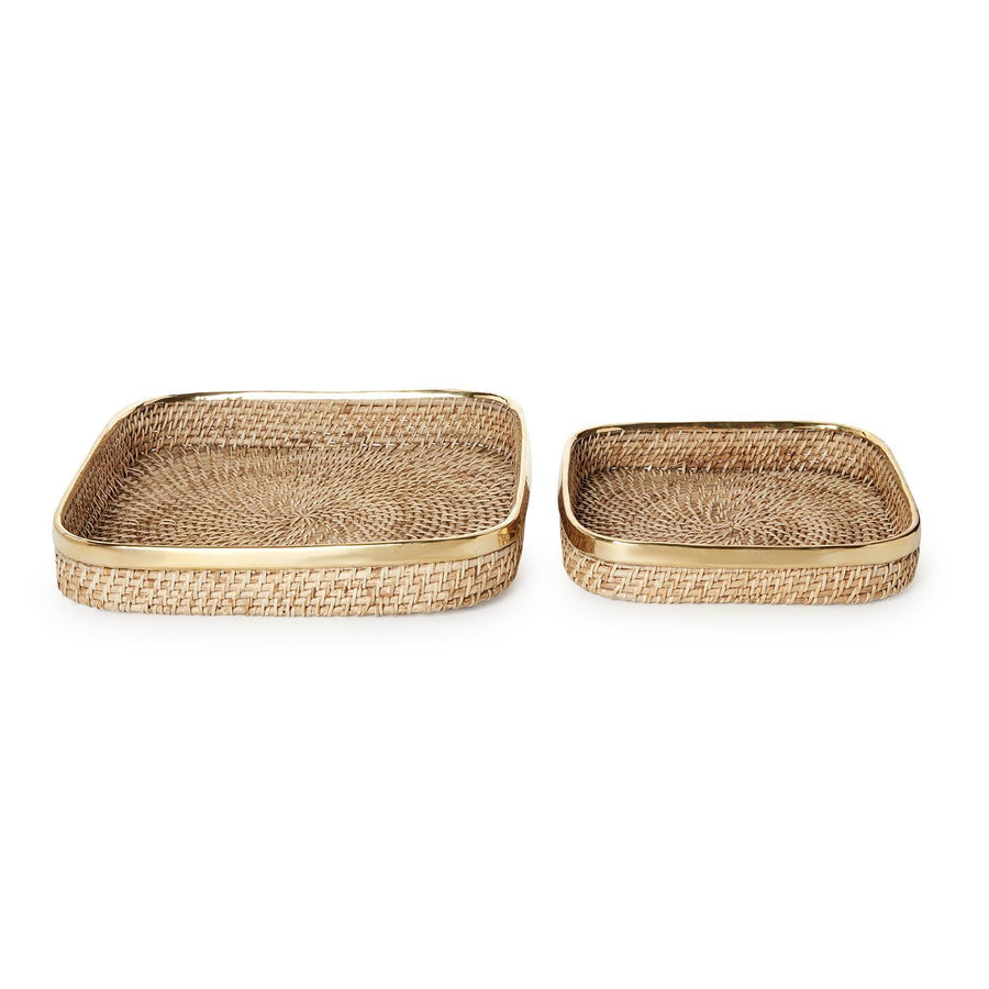 Rectangle Hand Woven Rattan Tray with Brass Rim Accent