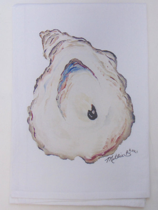 Limited Edition Oyster Shell Print on White Flour Sack Towel