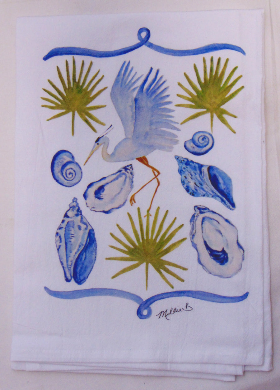 Limited Edition Watercolor Blue Coastal Life Print White Flour Sack Towel