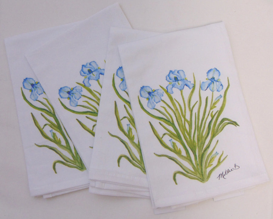 Limited Edition Watercolor Blue Iris Print White Flour Sack Napkins