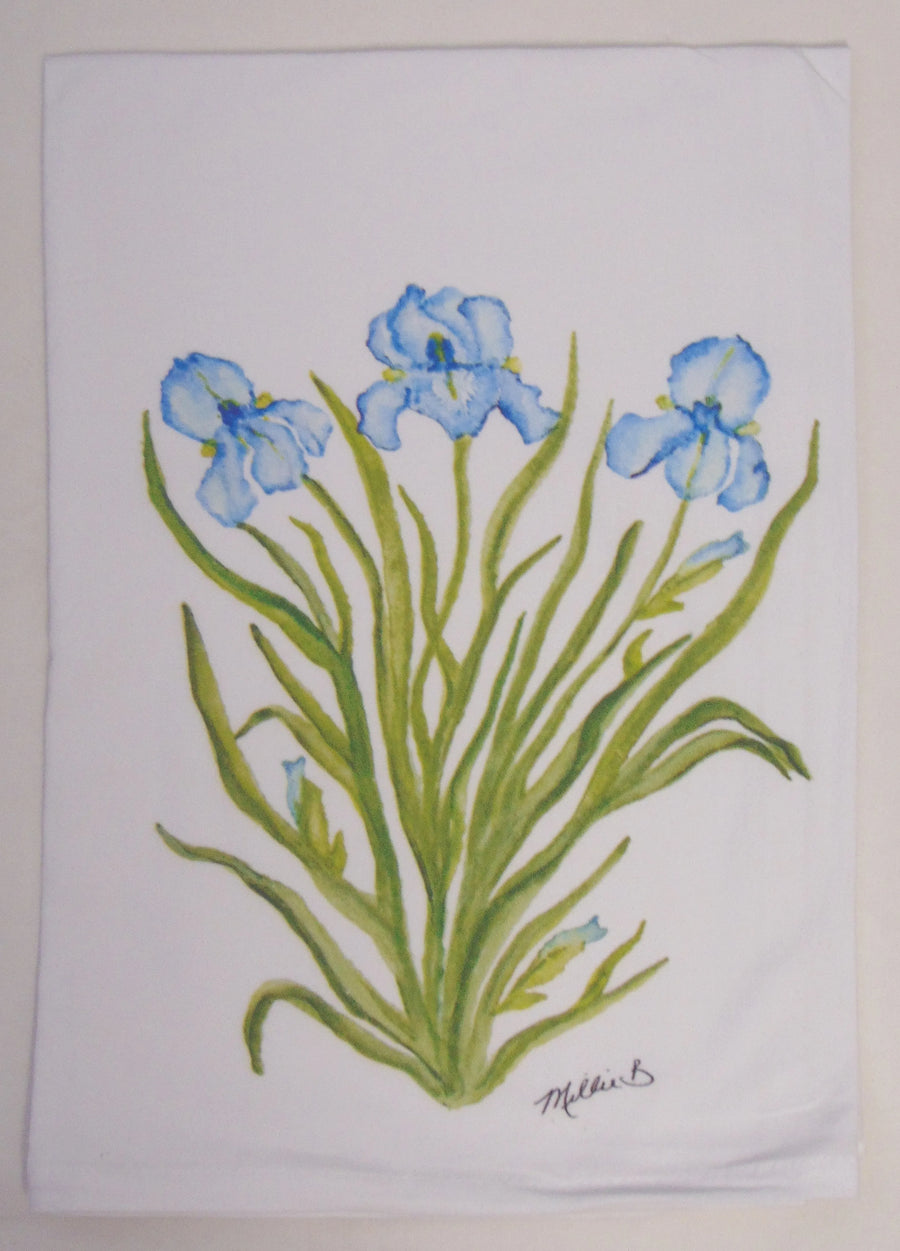 Limited Edition Watercolor Blue Iris Print White Flour Sack Towel