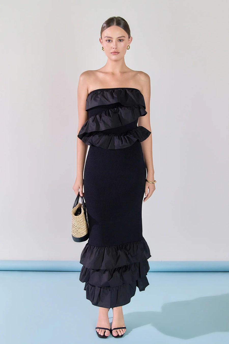 Mixed Media Strapless Fitted Maxi Dress