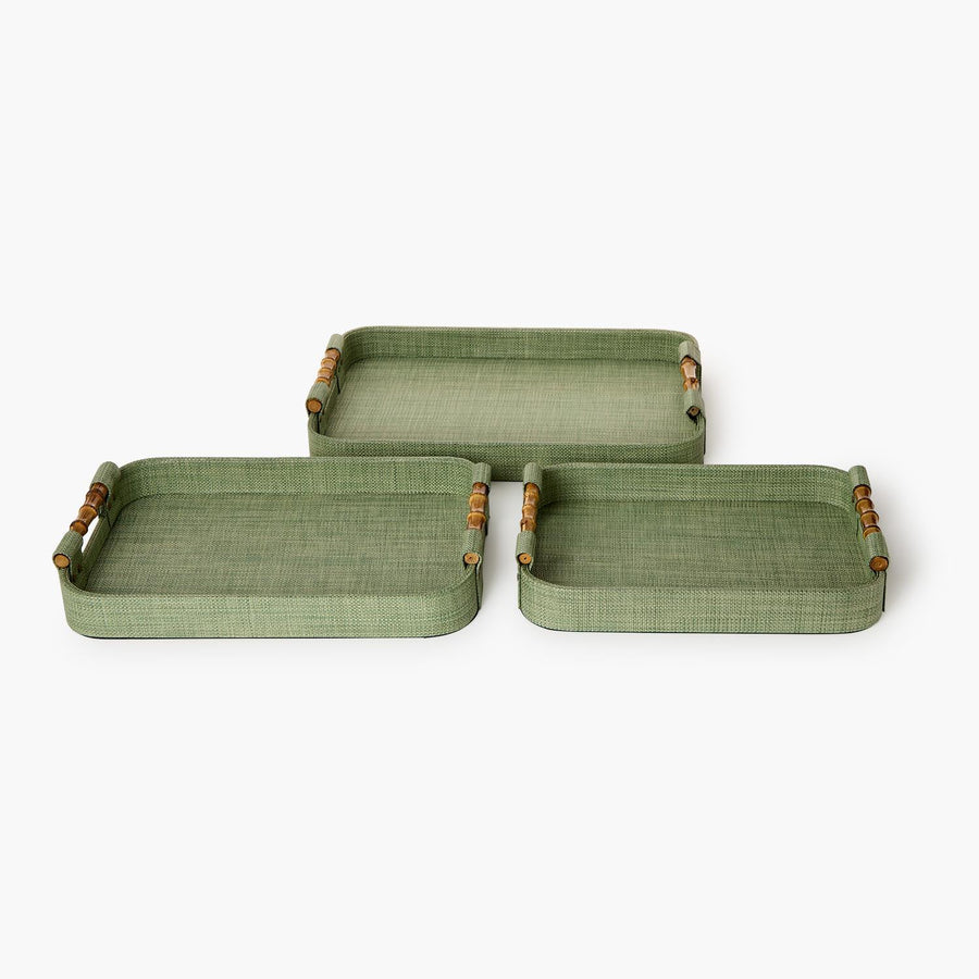Monaco Green Faux Seagrass Rectangle Tray w/ Bamboo Handles