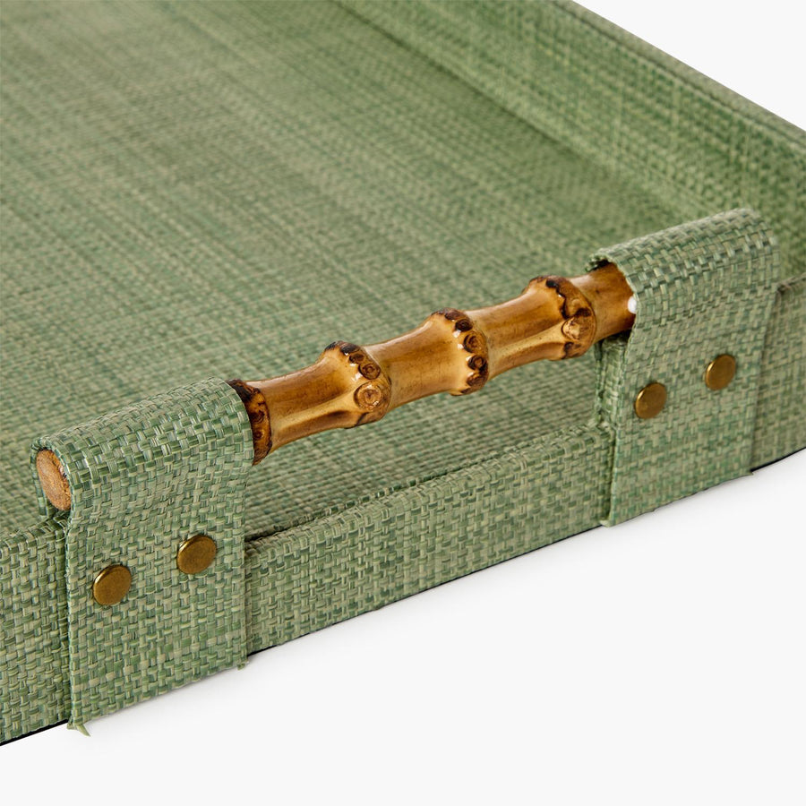 Monaco Green Faux Seagrass Rectangle Tray w/ Bamboo Handles