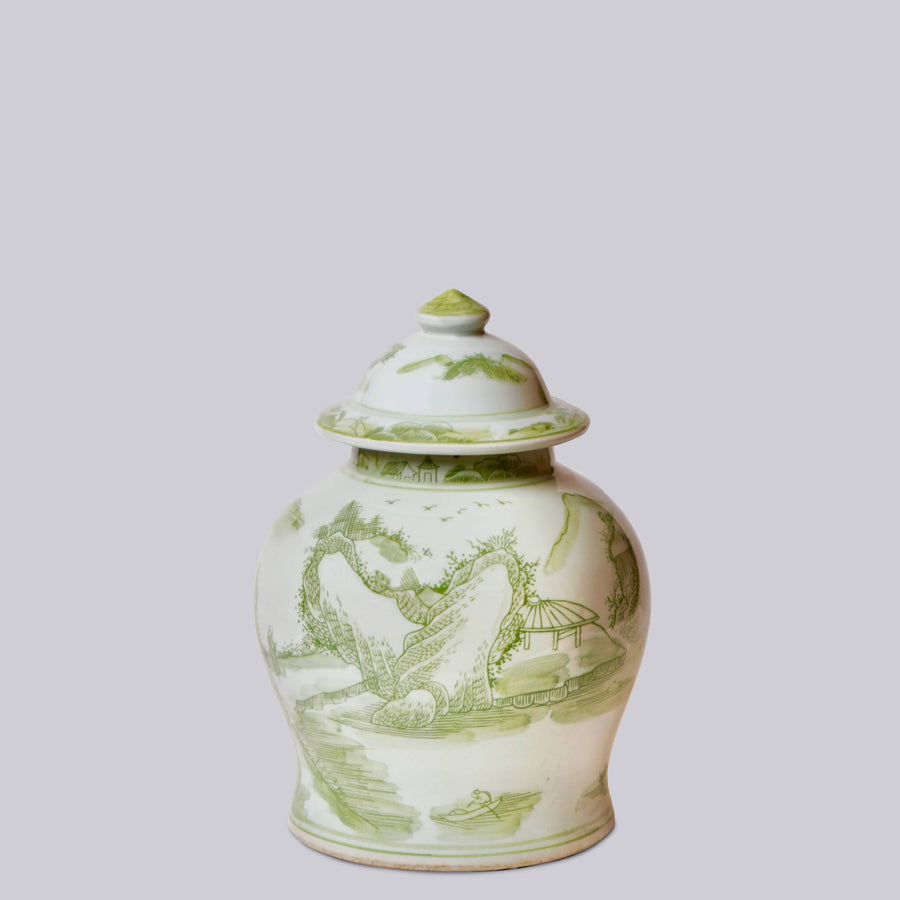 Medium Green and White Porcelain Landscape Temple Jar