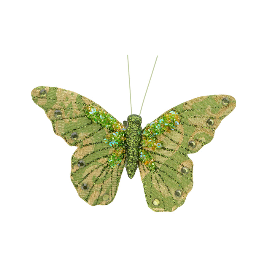 A09110:Green Glitter and flock butterfly clip orn, 5in