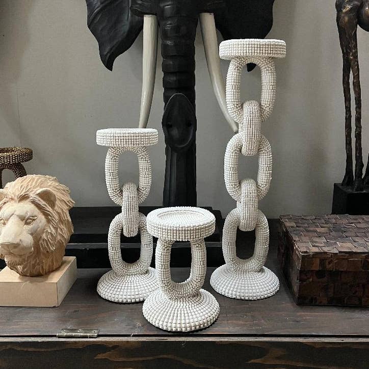 Medium Faux Ivory Bead Candle Holder