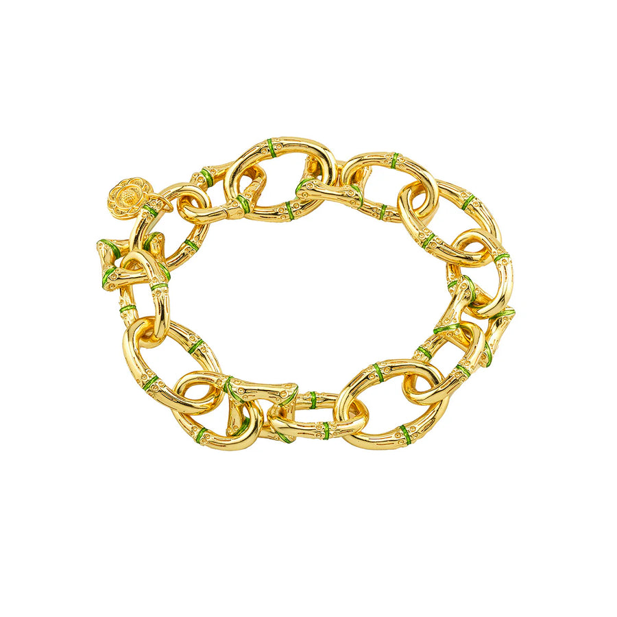 Bangkok Bamboo Link Bracelet, 7.25" - Gold/Green Enamel