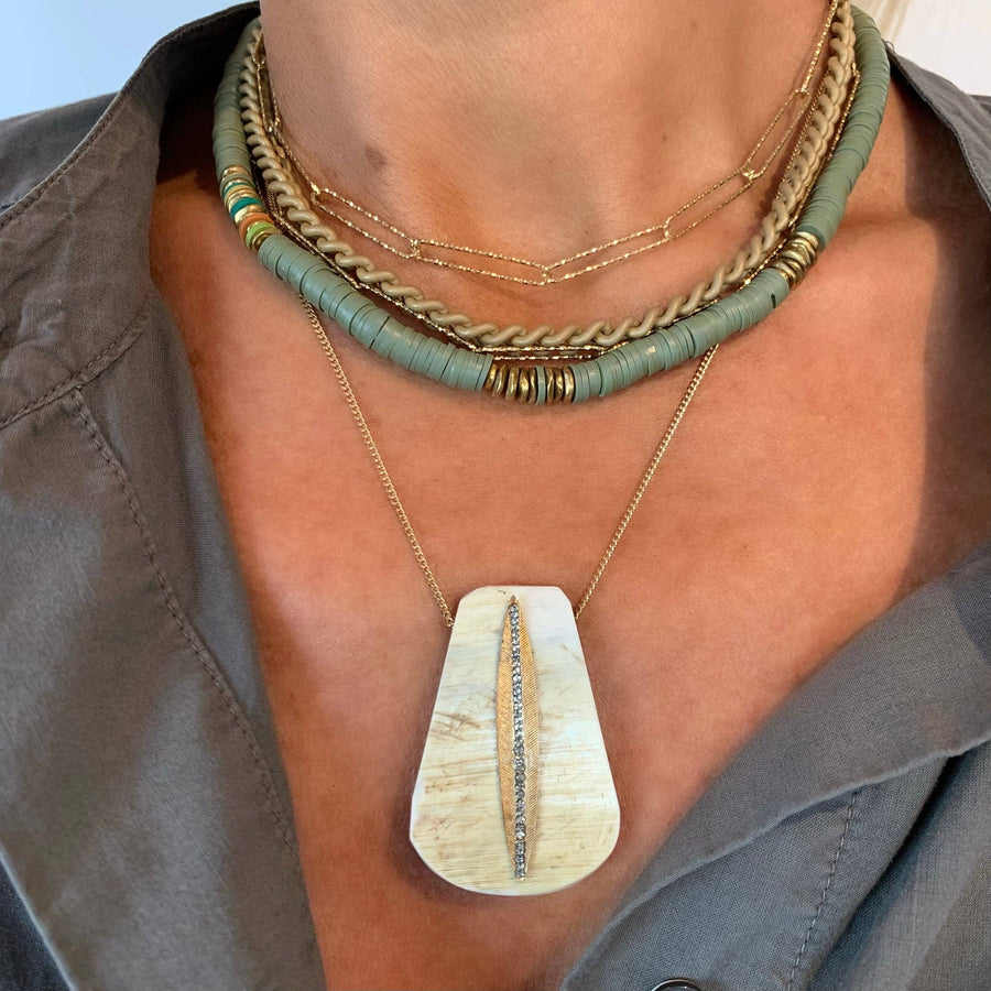 Tan Horn & Gold Crystal Leaf Pendant // Jackson Necklace
