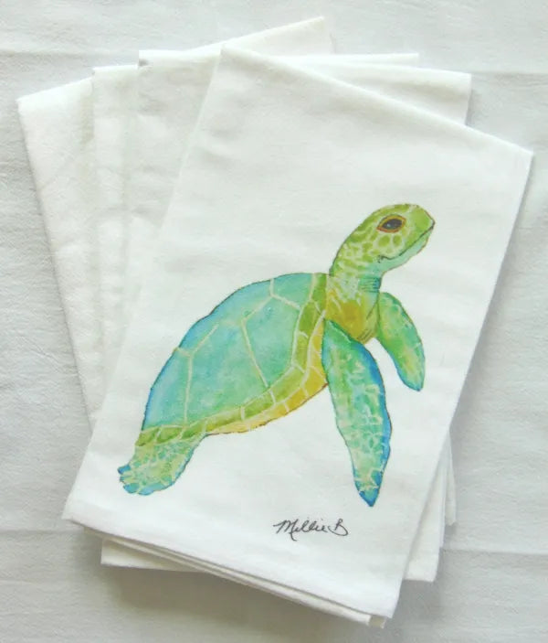 Limited Edition Watercolor Aqua Sea Turtle Print White Flour Sack Napkins