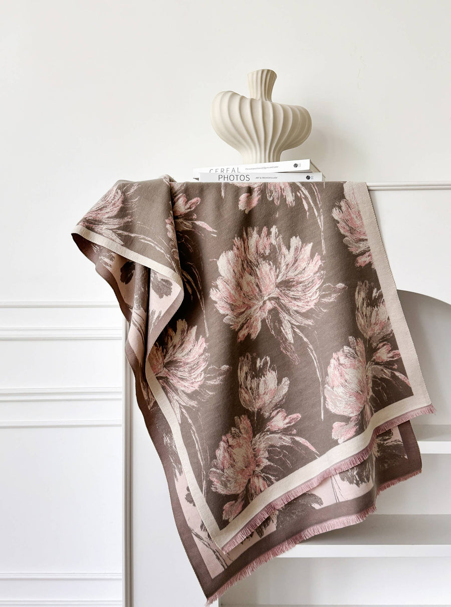 Tan / Pink Peonies Reversible Wrap