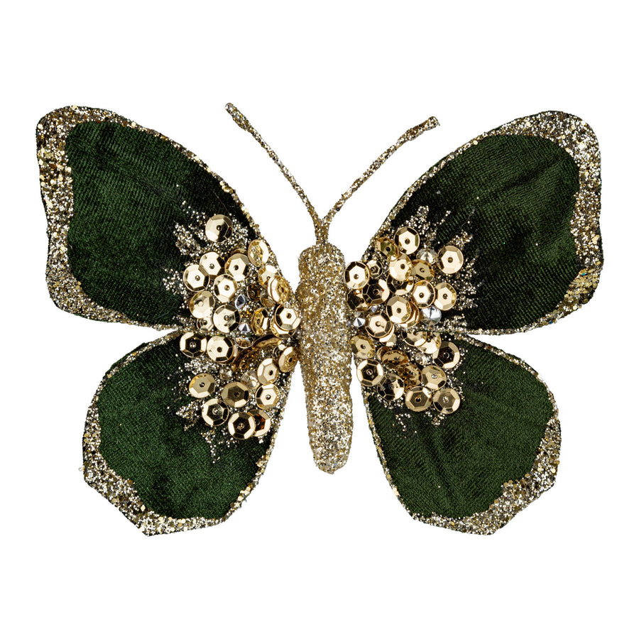 A63274:Green butterfly clip-on,velvet w/gold glit,5.5in