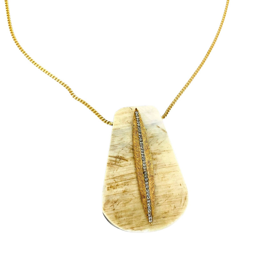 Tan Horn & Gold Crystal Leaf Pendant // Jackson Necklace