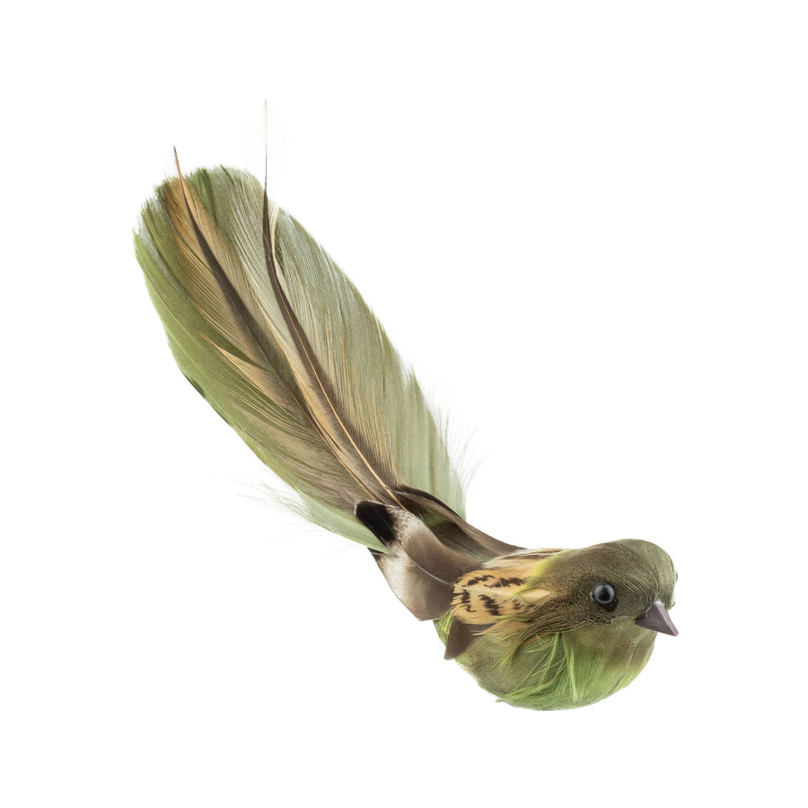 A64465:Olive green/natural feather clip on bird orn, 6 in