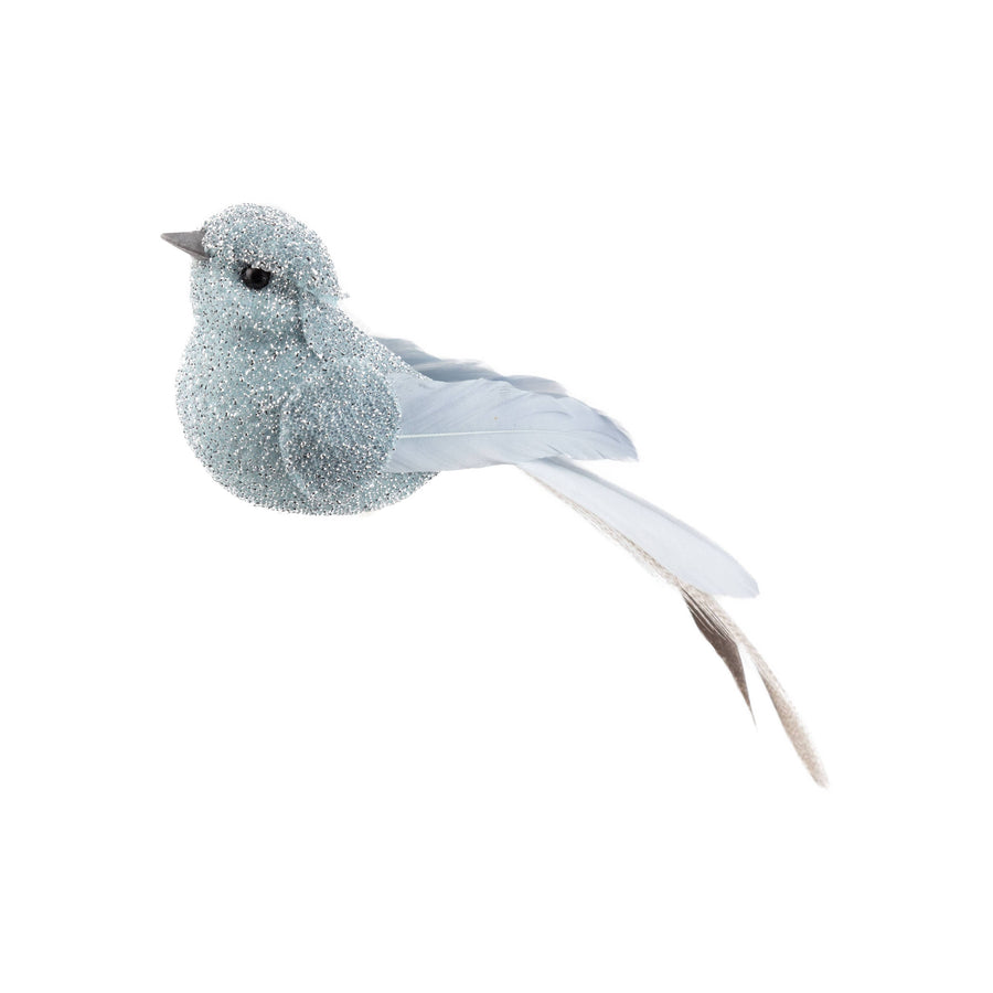 A64476:Pale blue clip on bird with feather tail, 5.1 in