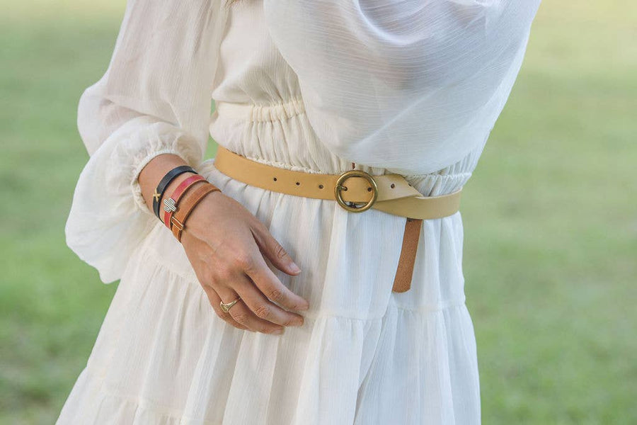 Round Brass Buckle Suede/Genuine Leather Belt｜Minimalist