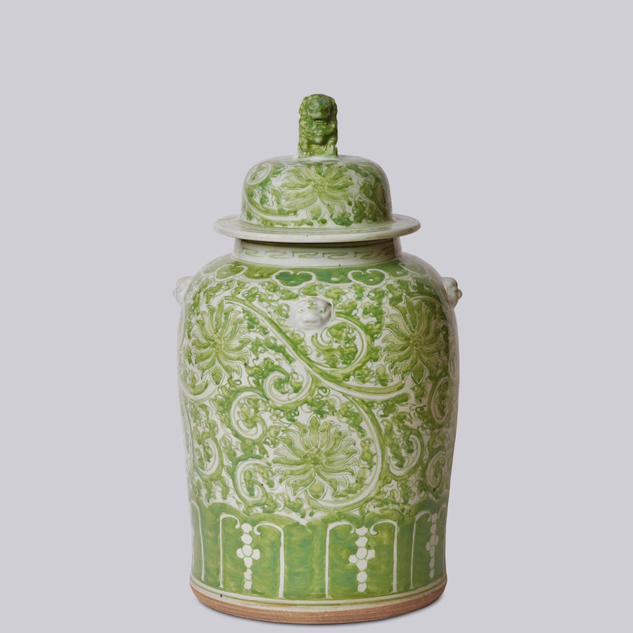 Green and White Porcelain Chrysanthemum Temple Jar