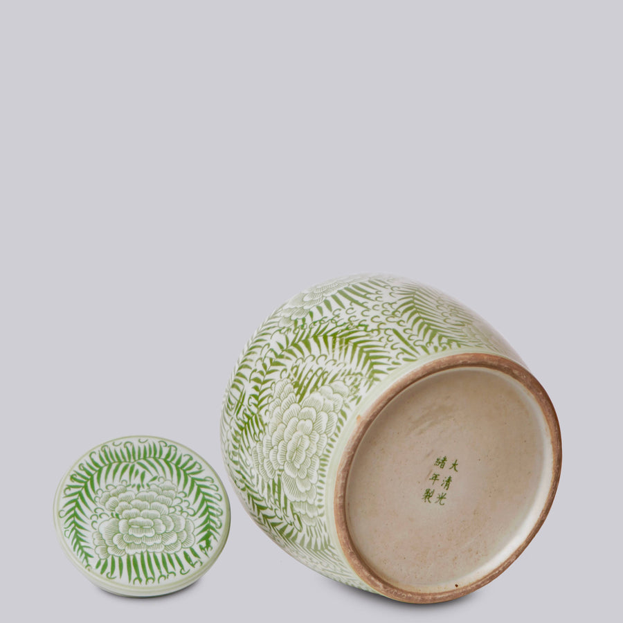 Rustic Peony Green and White Porcelain Jar