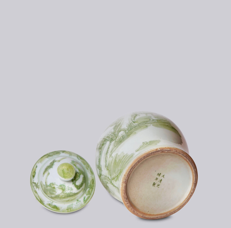 Medium Green and White Porcelain Landscape Temple Jar