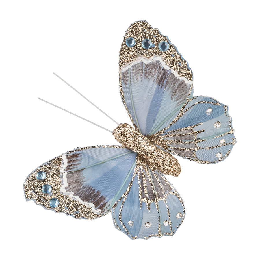 A00819:Butterfly clip orn, blue, beaded glitter, 3.5 in
