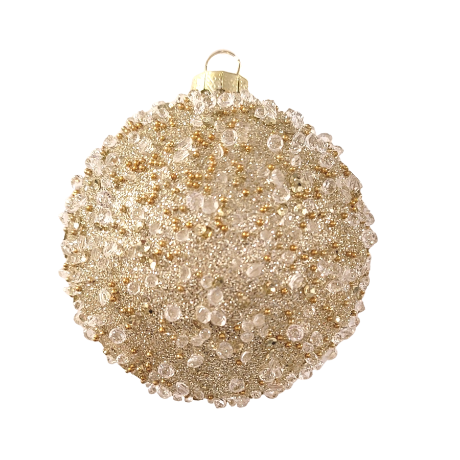 A14286:Glass ball orn, pale gold, clear beads, 80mm/3 in
