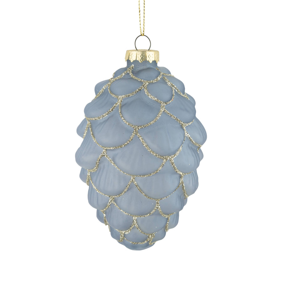A25621:Glass pinecone orn,translucent pale blue w/ pale s