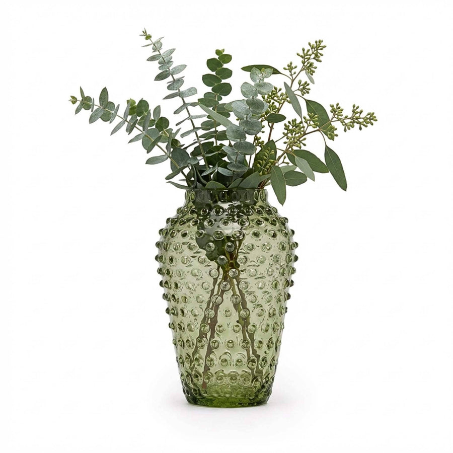 Hobnail Vase Barrel | Moss Green Glass Vase | Crystal Decor