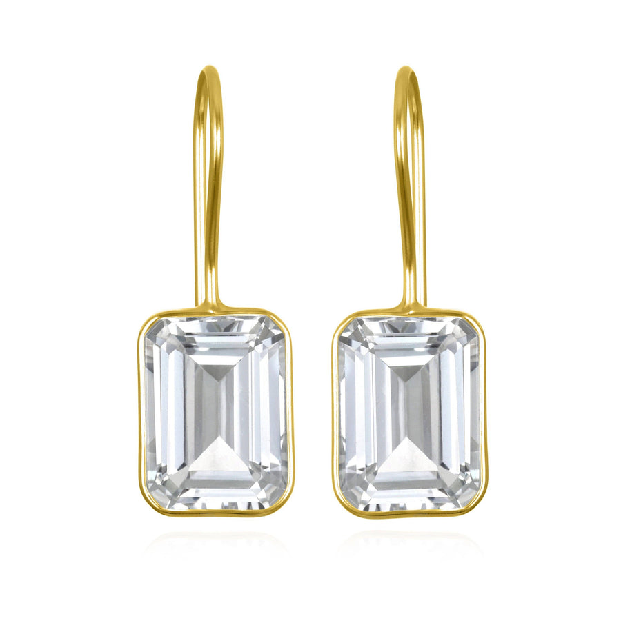 Bezeled Emerald Cut Dangles-White Topaz Gold
