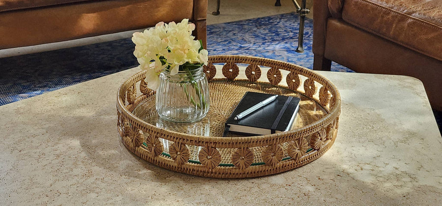 Rattan Round Tray with Glass Insert