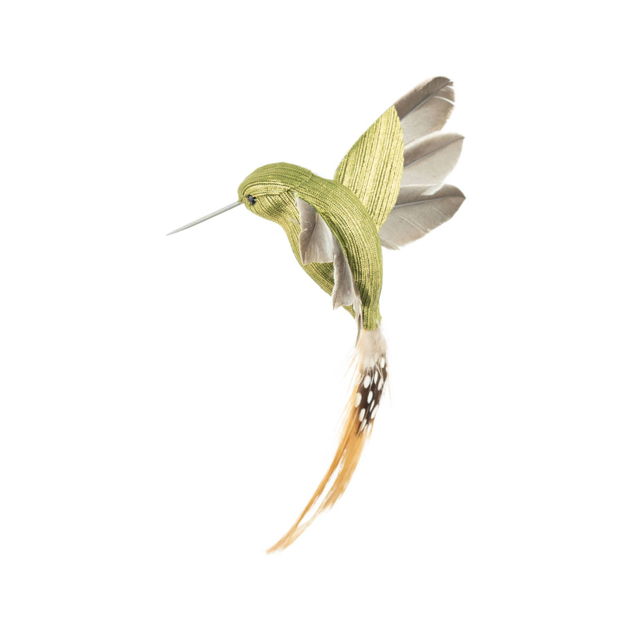 A64472:Olive green clip on hummingbird orn w/ feather win