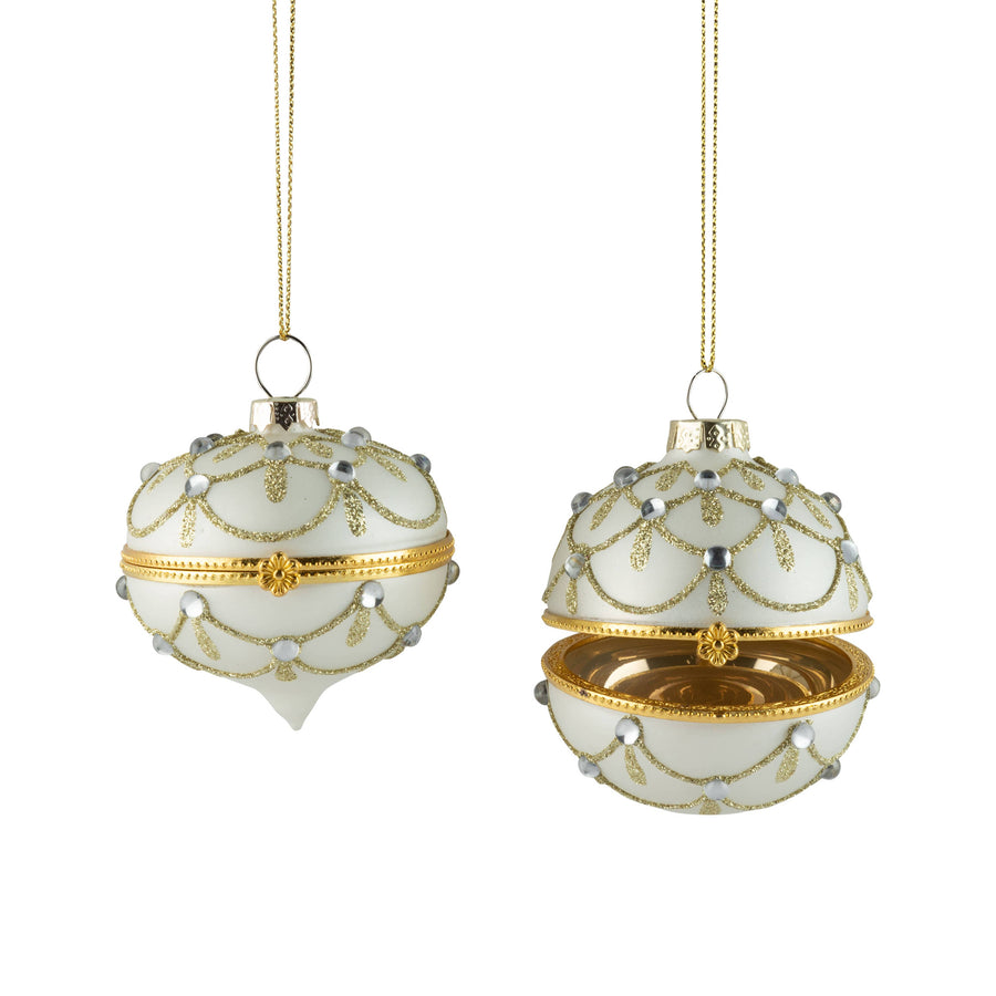 A45393:2 Asst'd blown glass hinged keepsake orns,matte wh