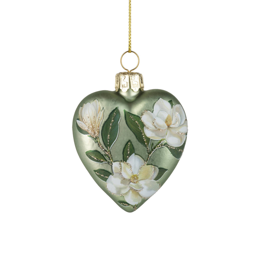 G74247:Glass heart orn,matte pale green finish w/ magnoli