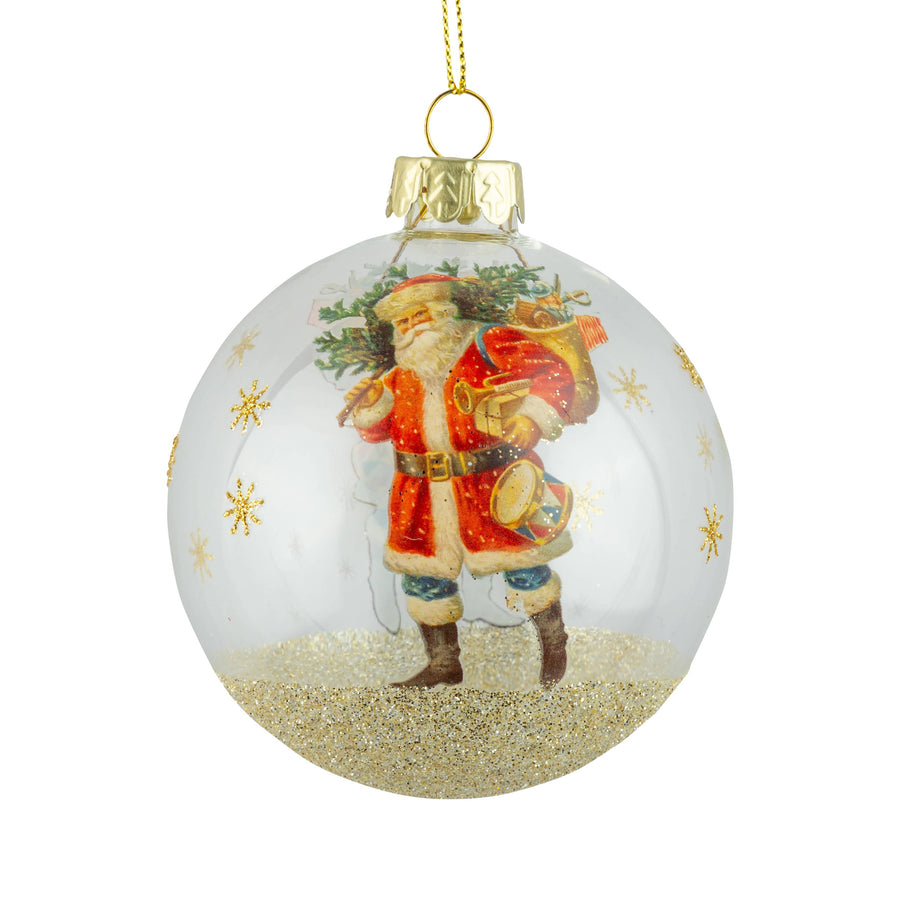 G74288:Glass ball orn,clear,Santa,snow,gold star 3in