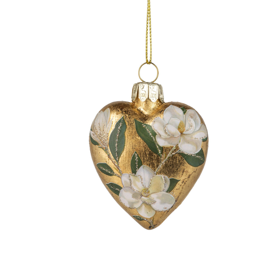 G74245:Glass heart orn,gold foil finish w/ magnolia print
