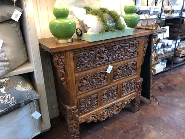 Indonesian Carved 6 Drawer Chest Teak 47 x 19.25x 41.5H