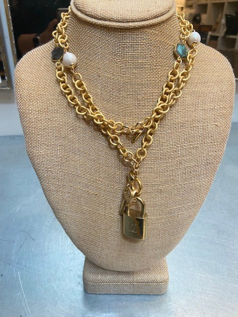Hexagon Labradorite & Pearl Lock Necklace