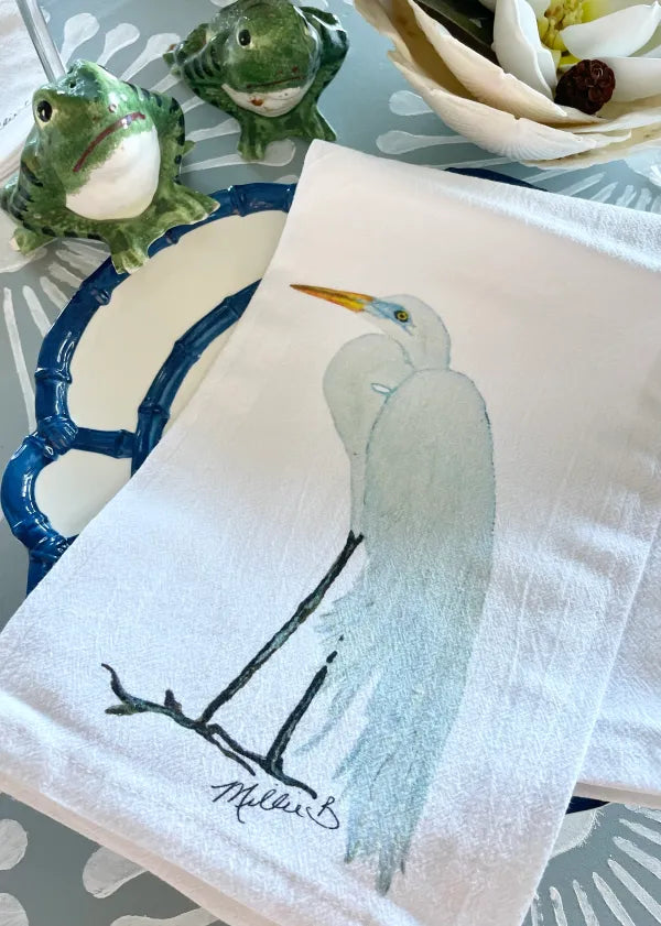 Watercolor Egret on White Flour Sack Napkin