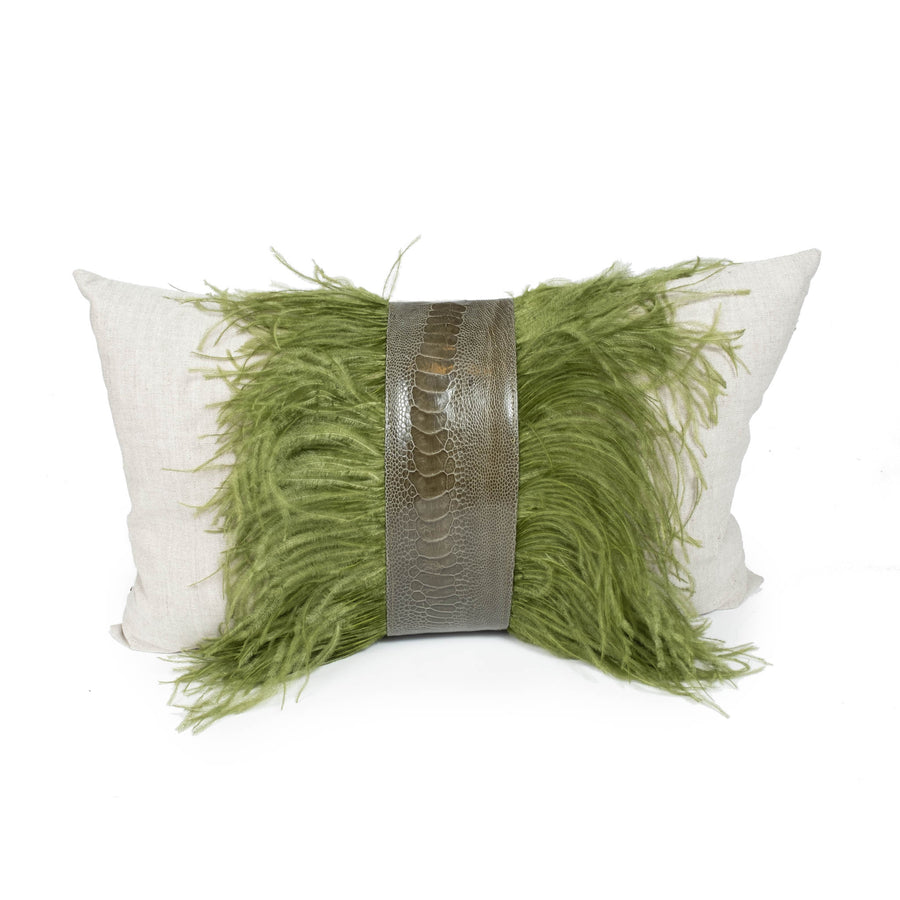 Ostrich Trim Pillow - Olive/Linen